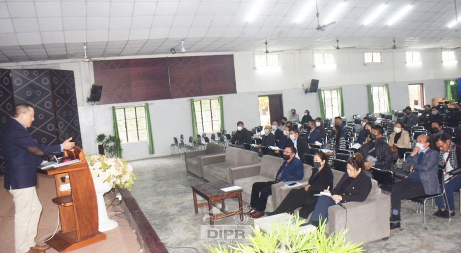 Principal Secretary I Himato Zhimomi addressing the sensitization workshop on the Cleanest ULB/Ward Award 2022, SMB-U 2.0 and AMRUT 2.0 held at Chümoukedima on January 29. (DIPR Photo)